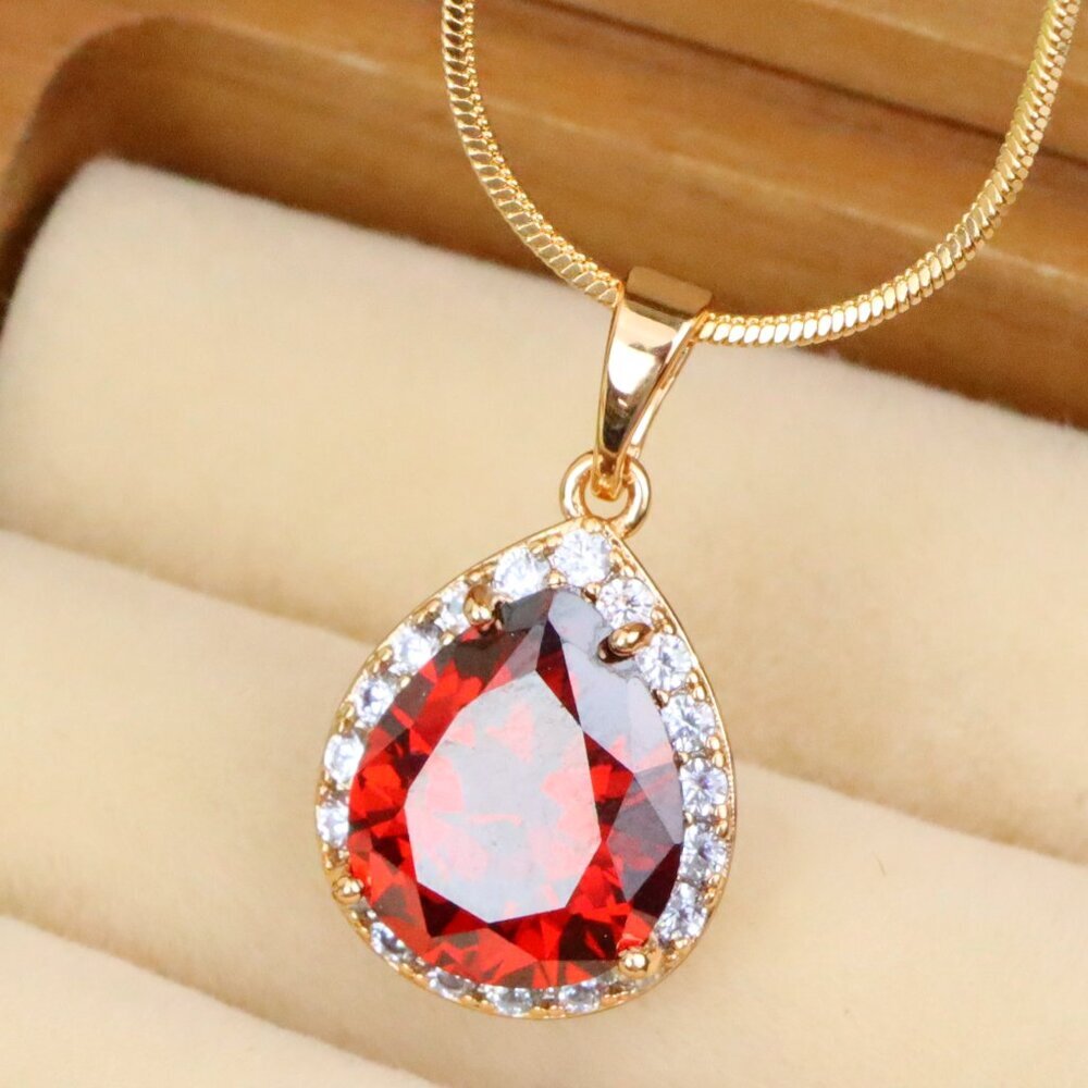"Teardrop Red Pendant with Crystal Border in Elegant Rose Gold Setting, XPPT1618